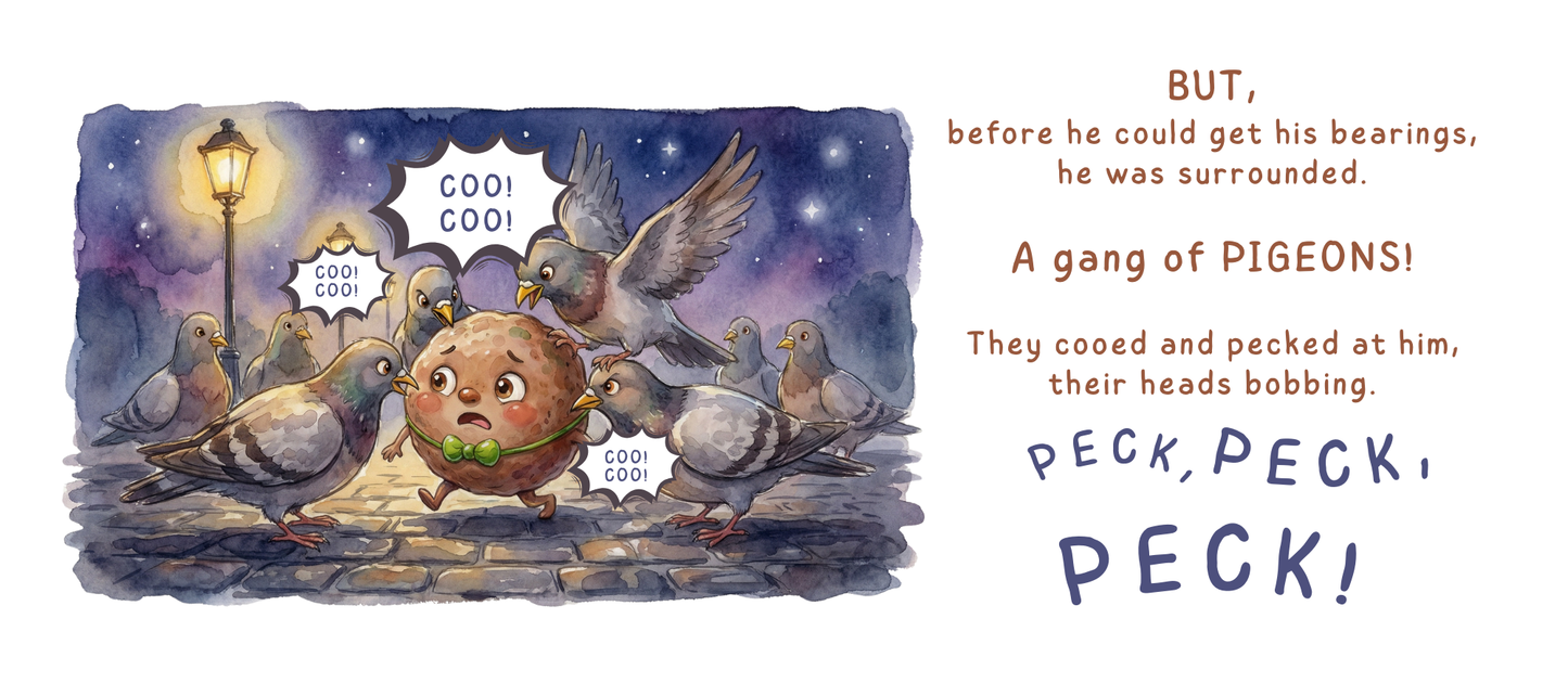 Illustration of a character surrounded by pigeons with text on a night sky background