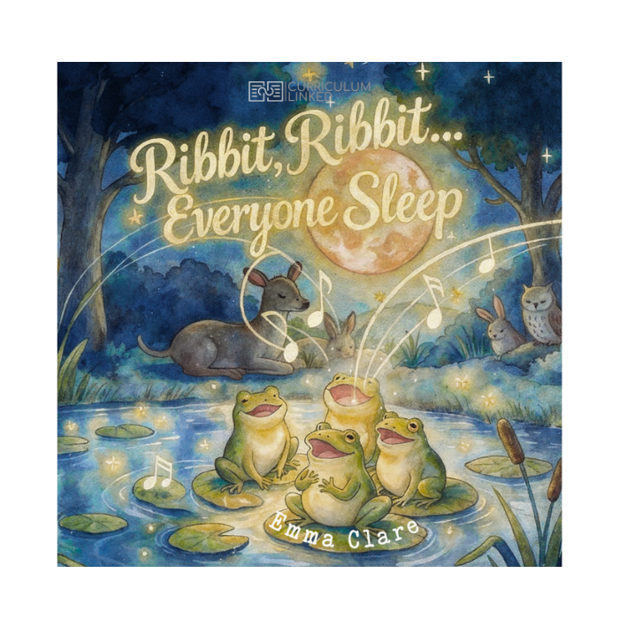 Book cover of 'Ribbit, Ribbit... Everyone Sleep' with frogs and animals around a pond.