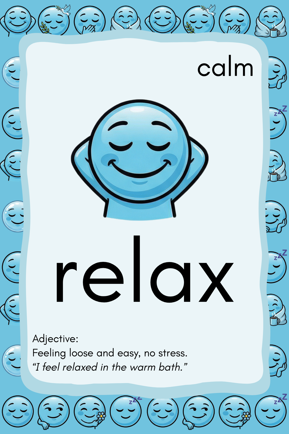 Card with a blue character and the word 'relax' on a blue background with smiley faces.