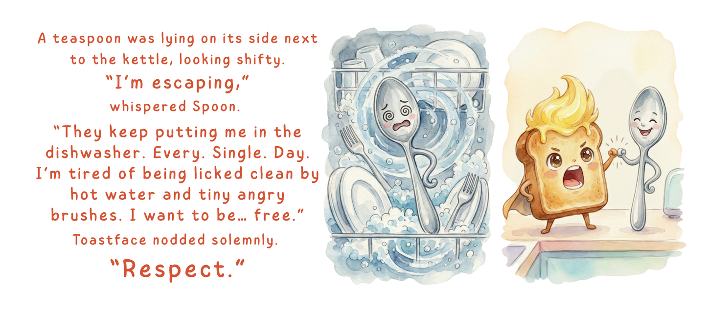 Illustration of a spoon and toast with text about being mistreated, set against a white background.