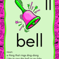 Card with a bell illustration and definition on a pink background with lip prints.