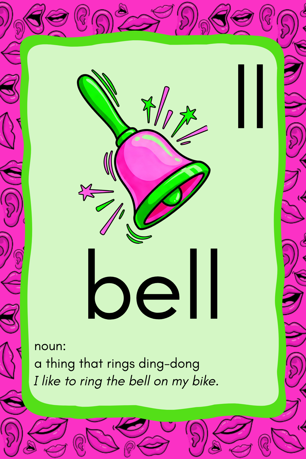 Card with a bell illustration and definition on a pink background with lip prints.