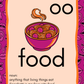 Educational card with a bowl of spaghetti and the word 'food' on a purple background.