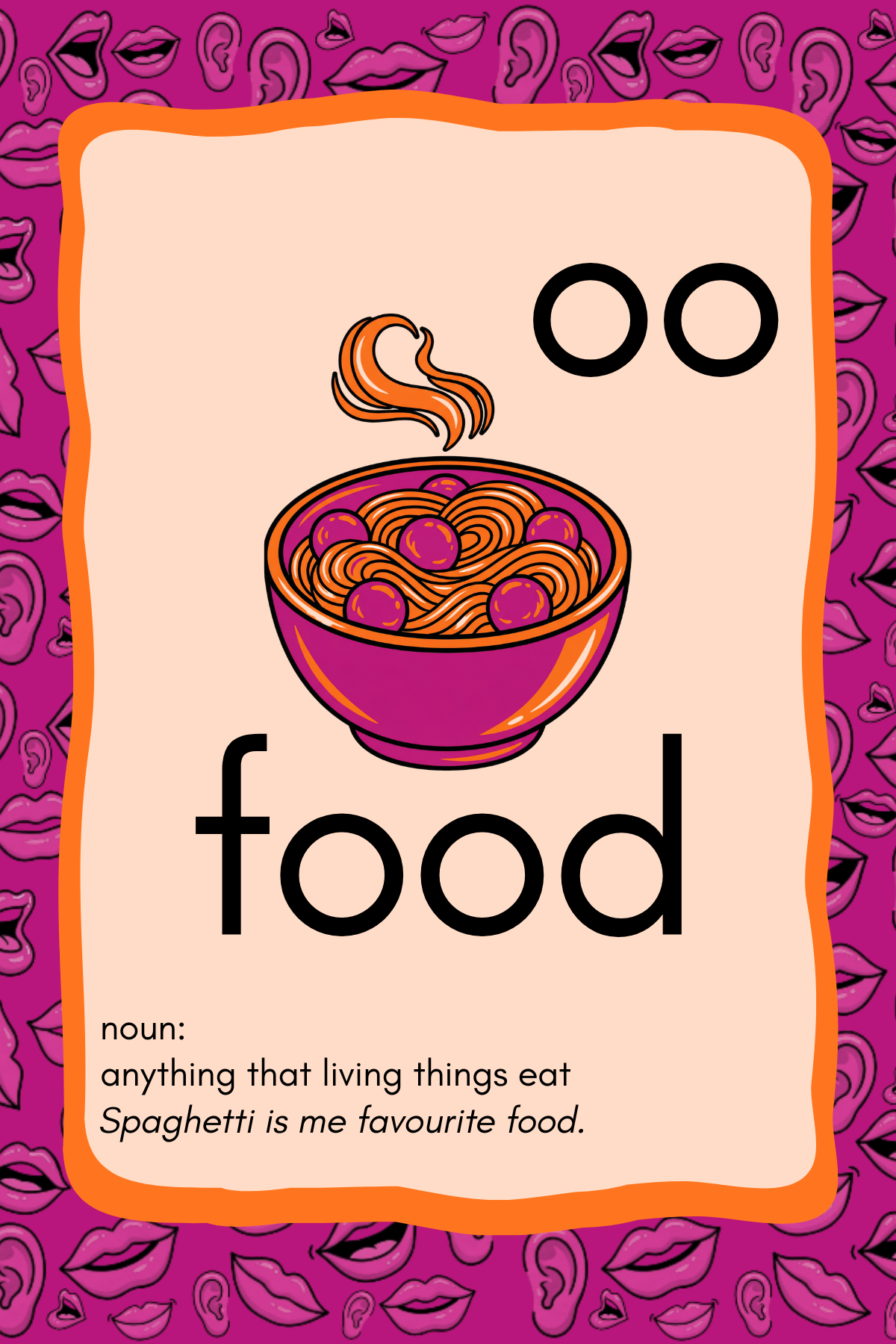 Educational card with a bowl of spaghetti and the word 'food' on a purple background.