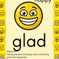 Card with a smiley face and definition of 'happy' on a yellow background with smiley face pattern