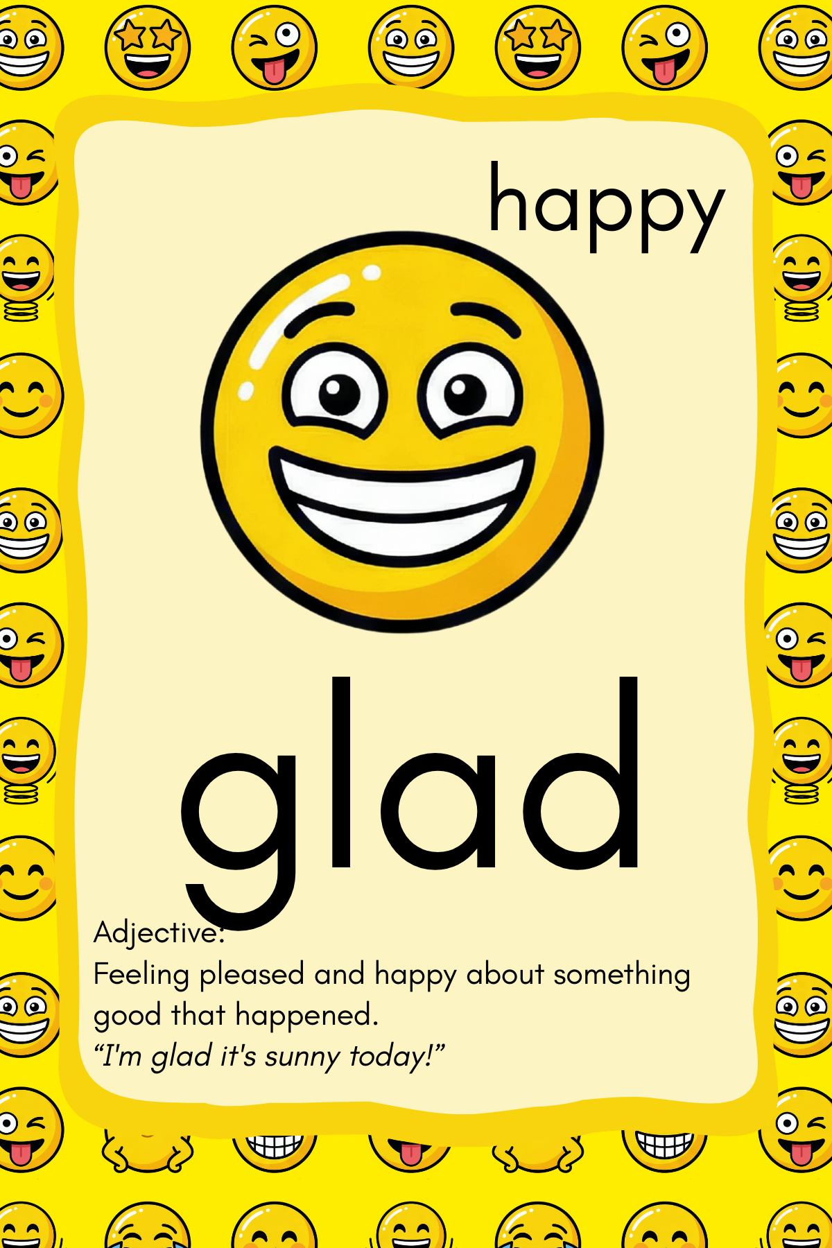 Card with a smiley face and definition of 'happy' on a yellow background with smiley face pattern