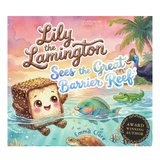 Book cover of 'Lily the Lamington Sees the Great Barrier Reef' with a lamington character and ocean creatures.