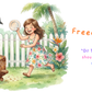Illustration of a girl with a bird and a cake in a tropical setting with text 'Freedom at last!'.
