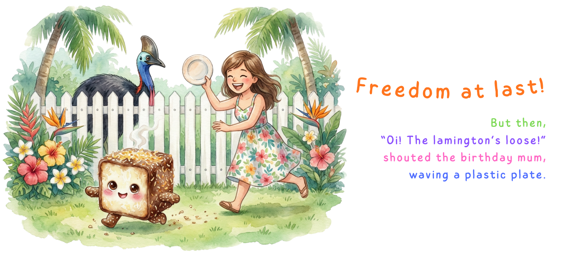 Illustration of a girl with a bird and a cake in a tropical setting with text 'Freedom at last!'.