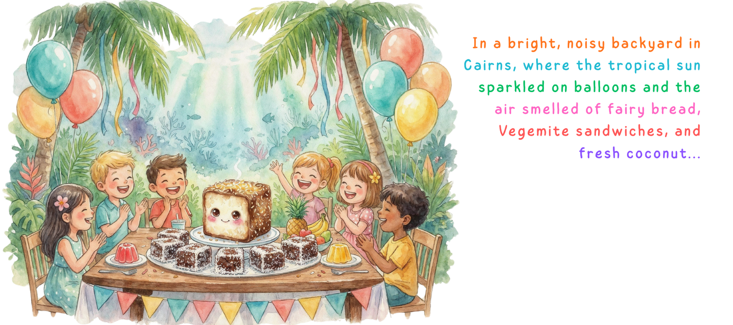 Illustration of children at a birthday party with cake and balloons in a tropical setting.
