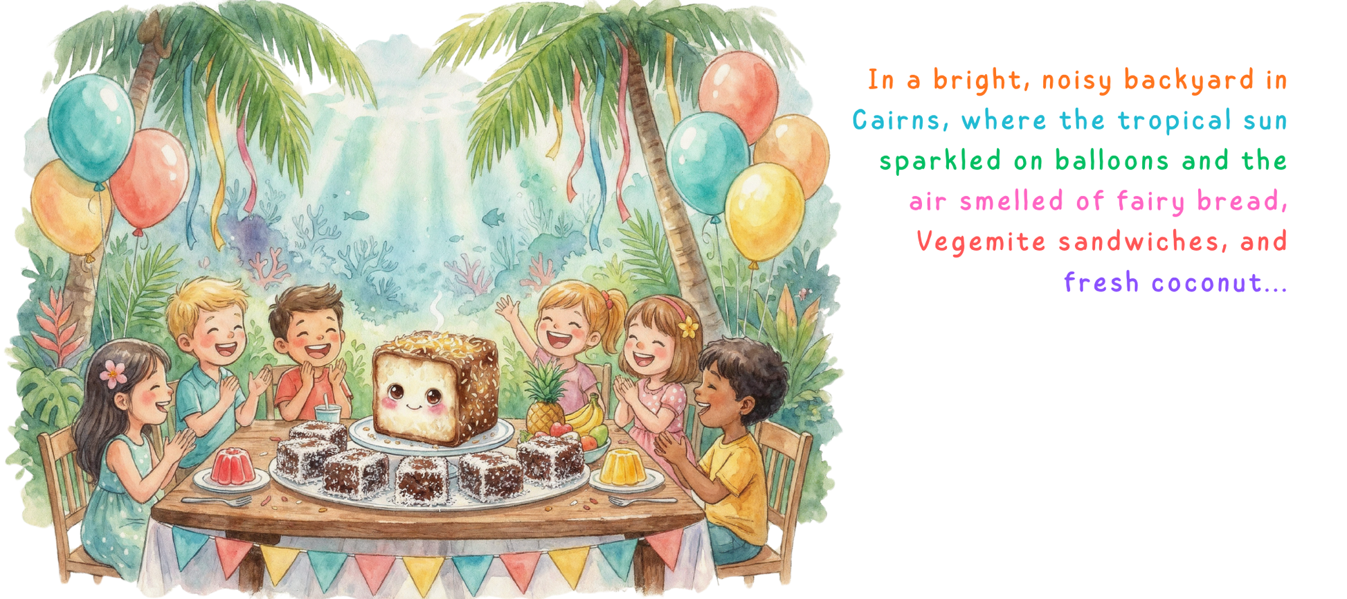 Illustration of children at a birthday party with cake and balloons in a tropical setting.