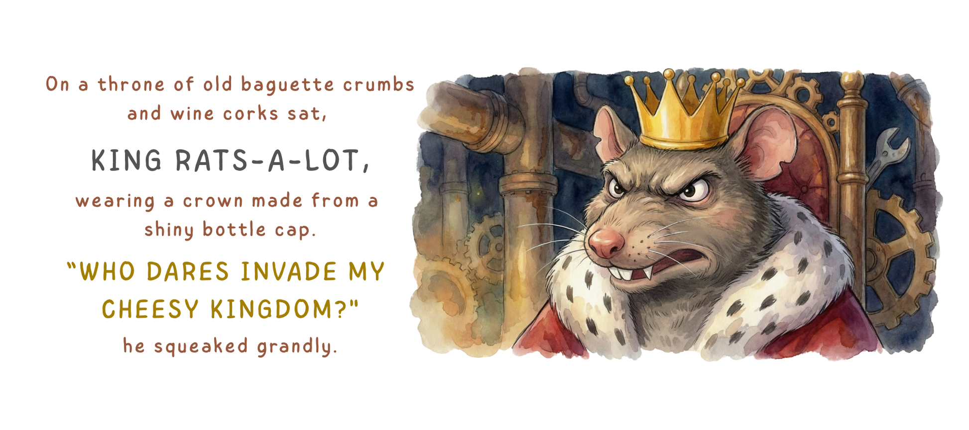 Illustration of a king rat with a crown, sitting on a throne made of baguette crumbs and wine corks.