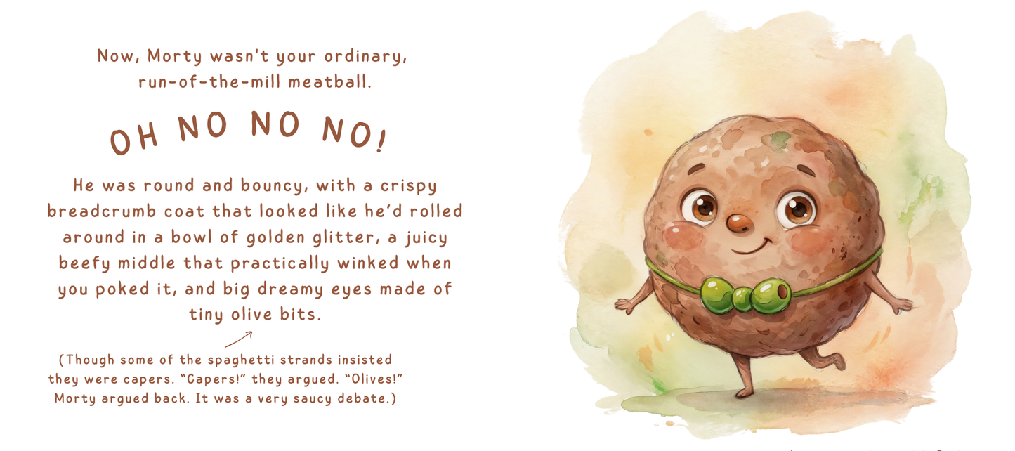 Illustration of a round, bouncy meatball character with text on a white background