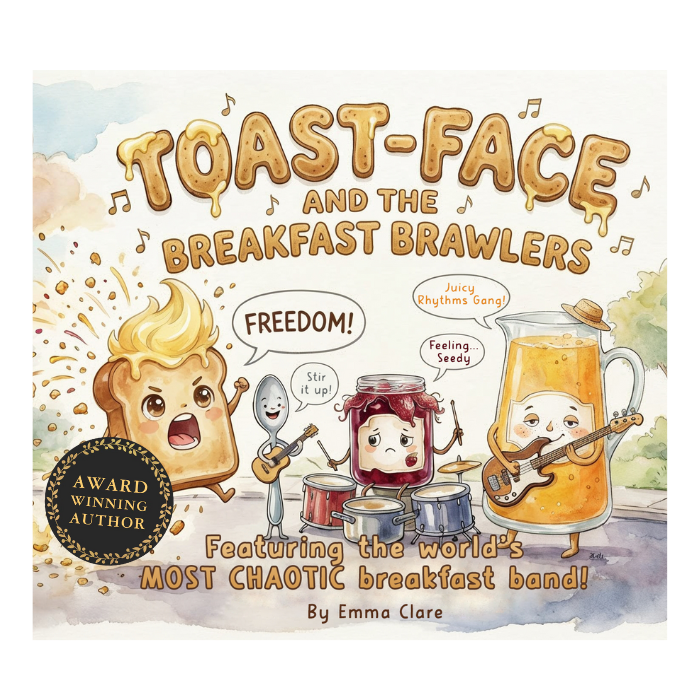 Book cover of 'Toast-Face and the Breakfast Brawlers' with cartoon characters and text.