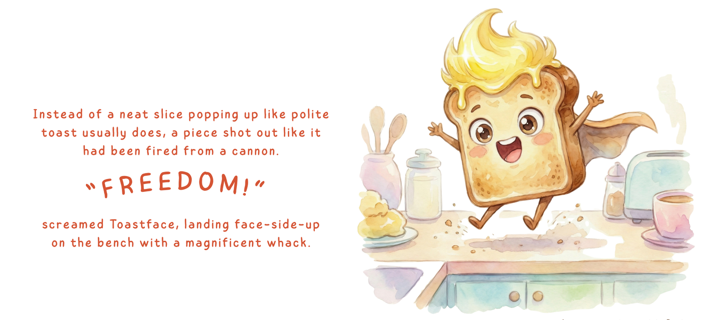 Cartoon toast character with a dynamic pose on a kitchen background