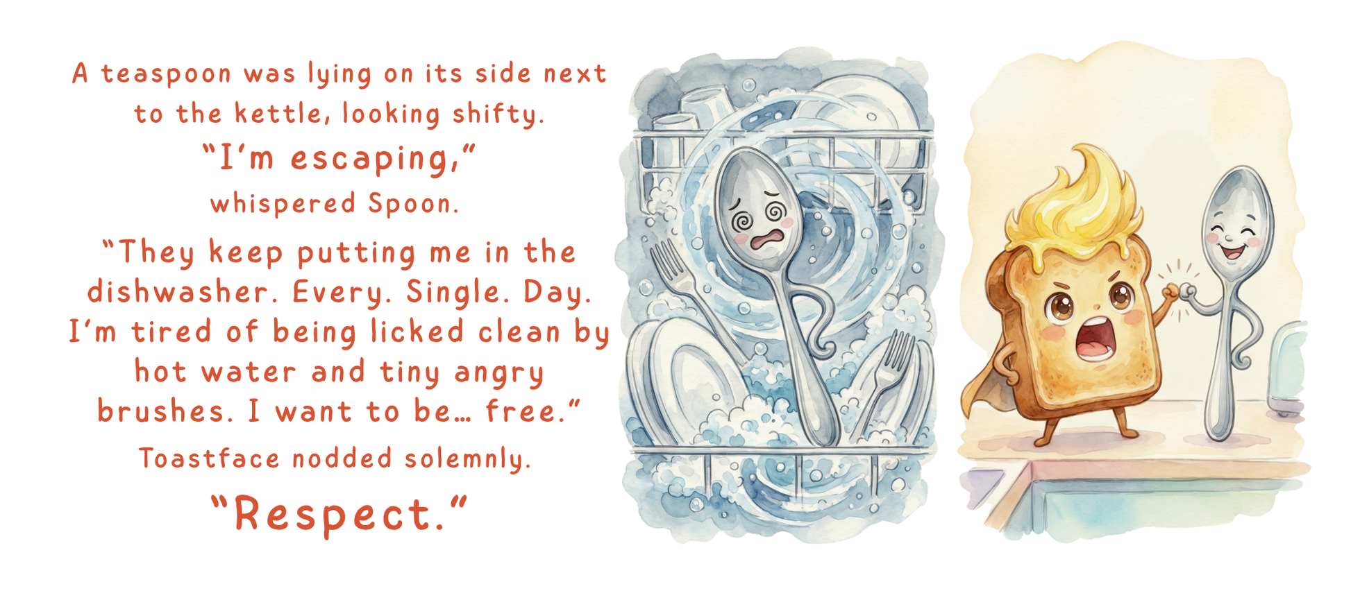 Illustration of a spoon and toast with text about being mistreated, set against a white background.