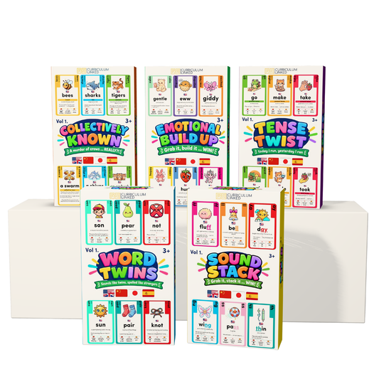 A set of colorful children's educational books displayed on white blocks against a white background. The books belong to the 'Super Simple Languages' series and include titles such as 'Collective Known', 'Emotional Build Up', 'Tense Twist', 'Word Twins', and 'Sound Stack'.