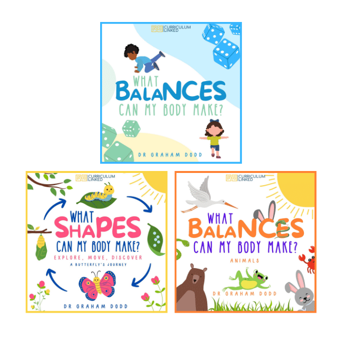A set of three children's e-book covers. Each cover features playful and colorful graphics related to the book's theme of movement and balance, with titles such as 'What Balances Can My Body Make?' and 'What Shapes Can My Body Make?'.