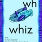 Flashcard with the word 'whiz' and an airplane illustration on a purple background with leaf patterns.