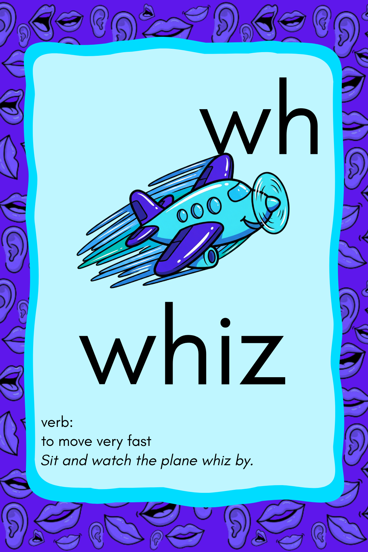 Flashcard with the word 'whiz' and an airplane illustration on a purple background with leaf patterns.